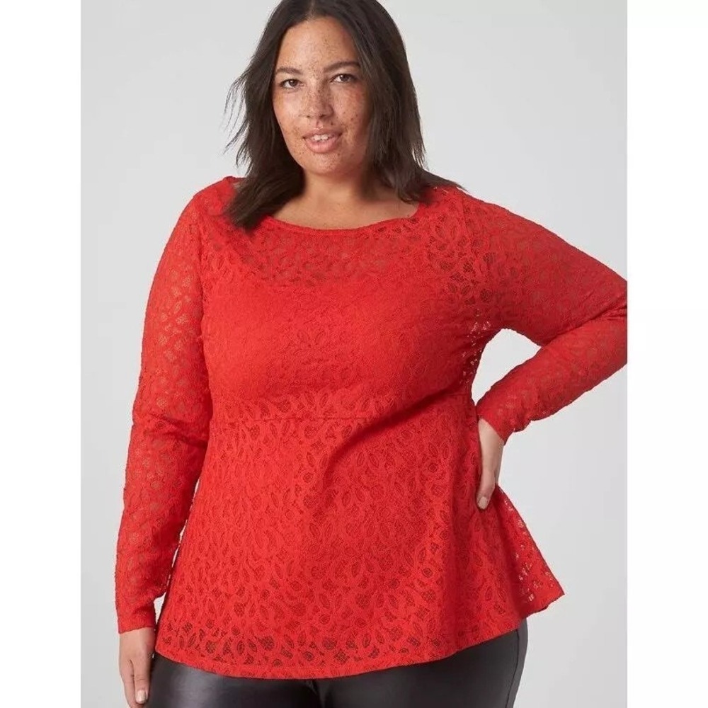 Lane Bryant Womens Red Sheer Lace Long Sleeve Stretch Peplum Blouse Shirt Sz 24
